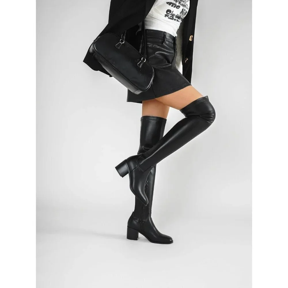 Women Black Chunky Heel Over The Knee Comfortable Long Stretch Side Zipper Boots
